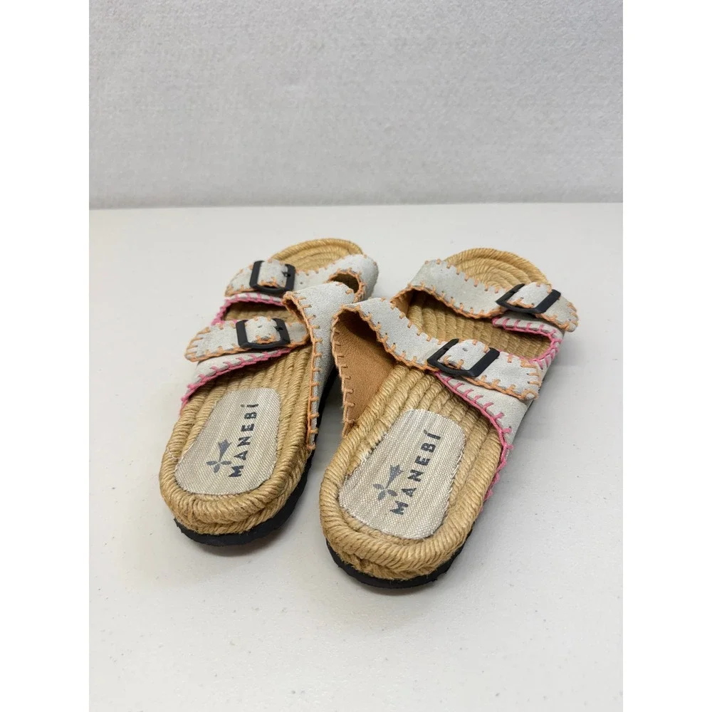 Manebi Nordic Suede Espadrille Buckle Sandals Beige Pink Stitching 40 10